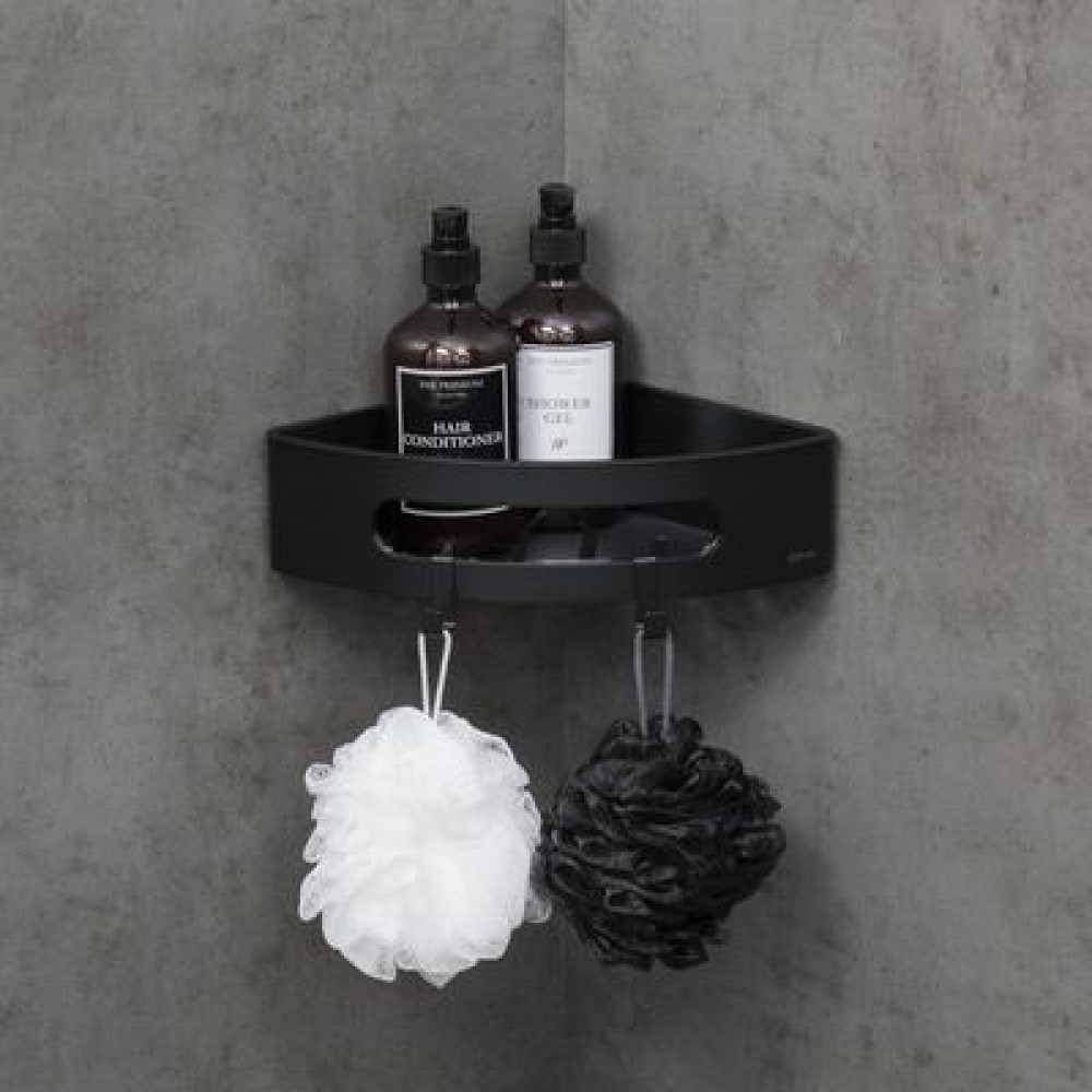 Полка для душа угловая Lemark SHELF LINE из нерж. стали с крючками, черный/ вставка-пластик черный (9772047)