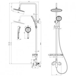 Смеситель для душа с регулируемой высотой штанги и верхней душевой лейкой "Тропический дождь", Lemark Ortus (LM11360C)