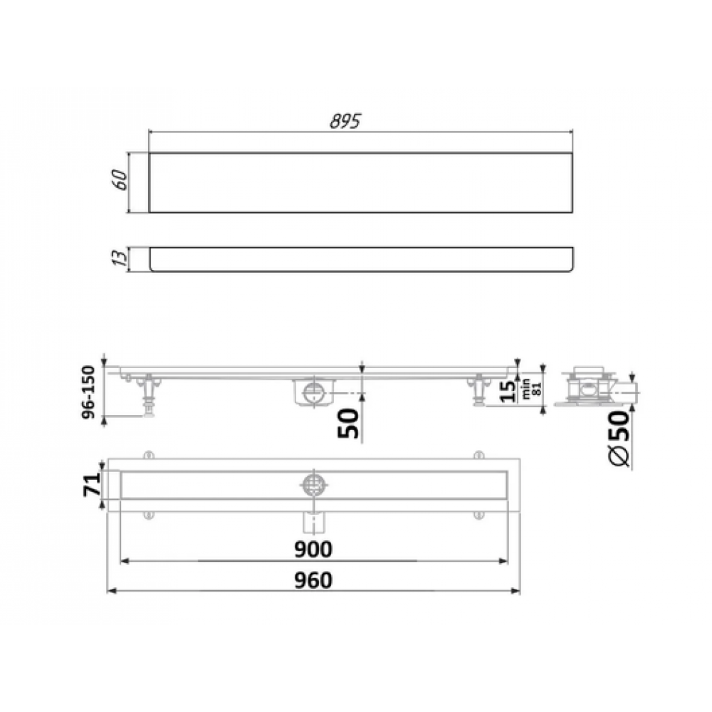 Душевой лоток TIMO Drain Protect 900 с двусторонней панелью PG20 под плитку, сатин (DP20900-PG20900)