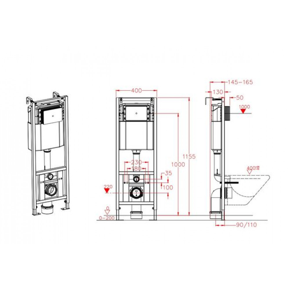 Инсталляция с черной клавишей D&K 400*165*1160мм (DI8540116)
