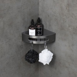Полка для душа угловая Lemark SHELF LINE из нерж. стали с крючками, графит/вставка-пластик графит (9776048)