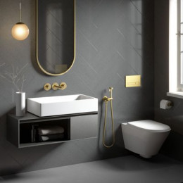 Смеситель для раковины встроенный с термостатом, с гигиеническим душем Timo Saona золото матовое (2383/17SM)