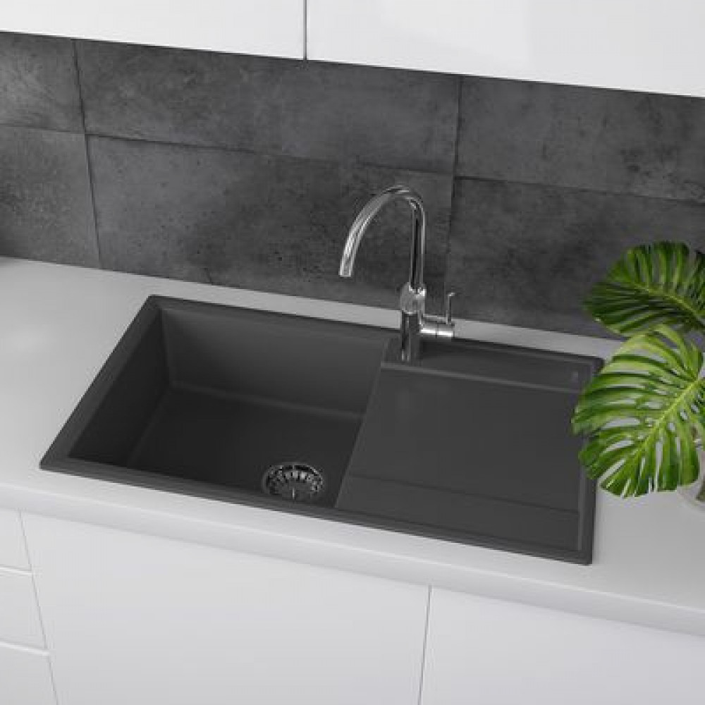 Кухонная мойка Lemark IMANDRA 840 врезная прямоугольная с крылом из кварцгранита цвет: Антрацит  (9910031)