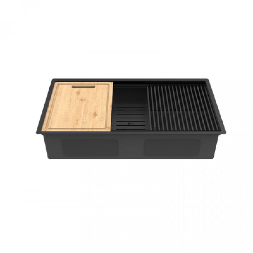 Кухонная мойка Lemark TABAGA 820 прямоугольная из нержавеющей стали с аксессуарами в комплекте: ролл-мат, коландер, разделочная доска цвет: чёрный матовый (9932136)