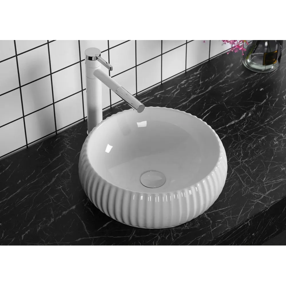 Раковина CR0007 накладная, белая, круглая, ребристая 405х405х130 Ceruttispa