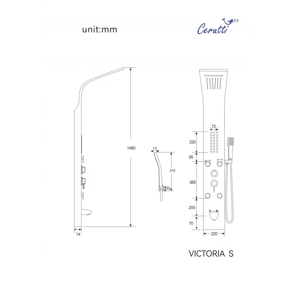 Панель VICTORIA S душевая из нержавеющей стали с форсунками Ceruttispa CT9976, цвет серебро