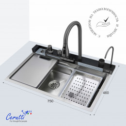 Многофункциональная кухонная мойка Ceruttispa ГЛОРИЯ (GLORIA) Nano Embos (матовый хром) из нержавеющей стали (750х460х230)