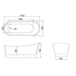 Ванна GLORIA170GMB акриловая (1700x750x720) отдельностоящая, черная матовая снаружи, белая внутри со сливом-переливом Ceruttispa