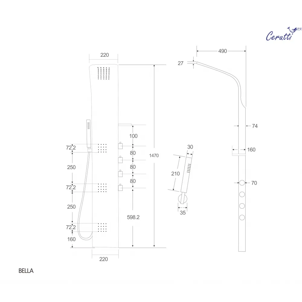 Панель BELLA B душевая из нержавеющей стали с форсунками Ceruttispa CT9254, цвет черный