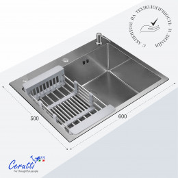 Кухонная мойка Ceruttispa ГЛОРИЯ (GLORIA) 60 nano embos (матовый хром) из нержавеющей стали (600х500х220)