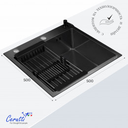 Кухонная мойка Ceruttispa ГЛОРИЯ (GLORIA) 50B nano black (графит) из нержавеющей стали (500х500х220)