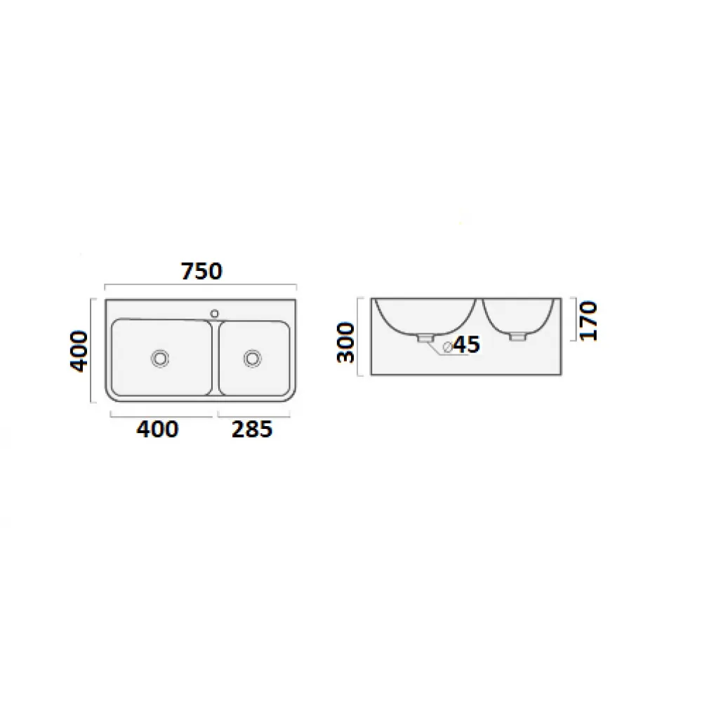 Раковина Double COMO (750х400х300) двойная подвесная Ceruttispa