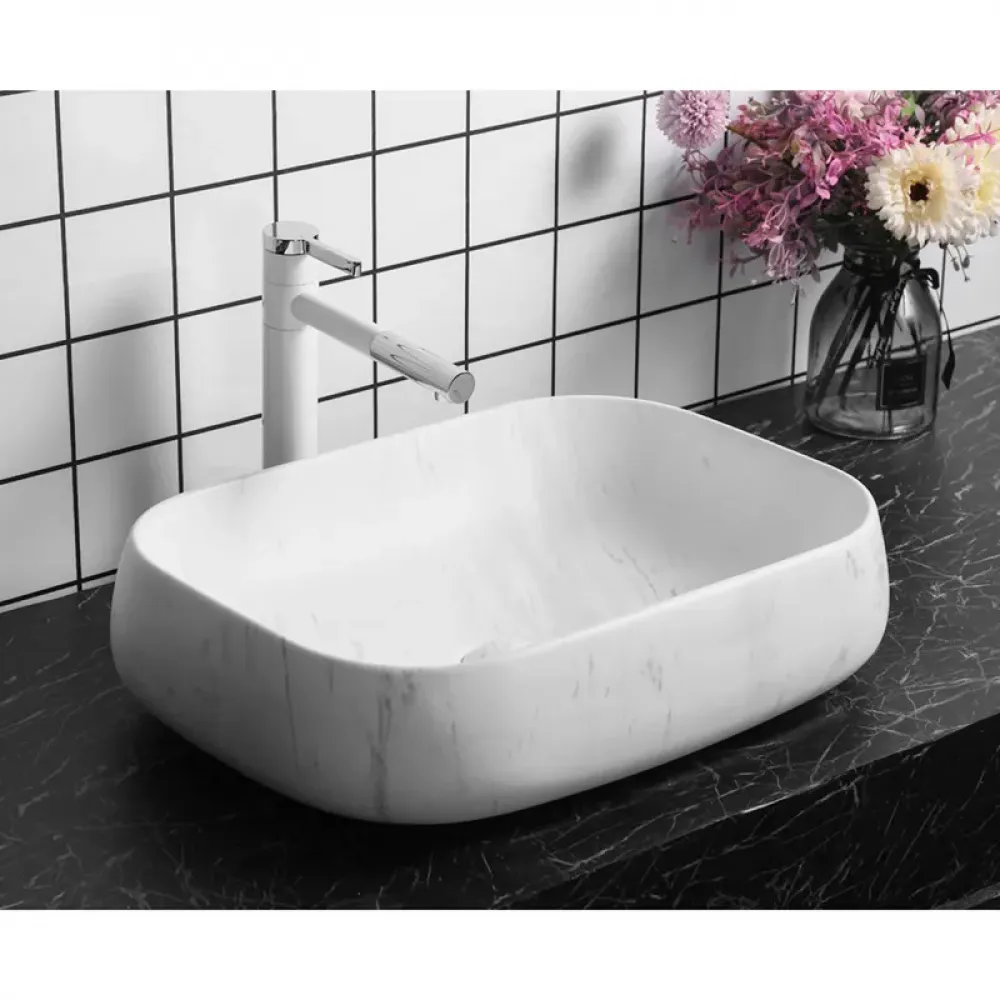 Раковина CR0086 MMW1 накладная, мрамор матовый белый, прямоугольная 565х400х145 Ceruttispa