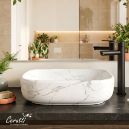 Раковина накладная Ceruttispa CR0086 MMW2 (565х400х145) мрамор матовый белый, прямоугольная
