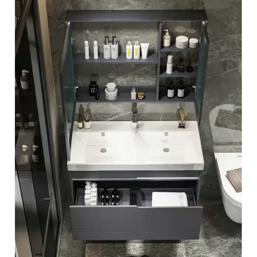 Комплект мебели OGLIO 120 тумба 1205х460х510 с зеркалом и двойной раковиной, сифоном и двойным сливным шлангом Ceruttispa