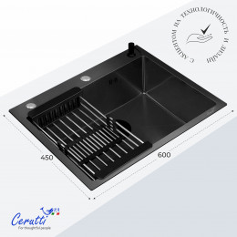 Кухонная мойка Ceruttispa ГЛОРИЯ (GLORIA) 6045B nano black (графит) из нержавеющей стали (600х450х220)