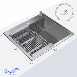 Кухонная мойка Ceruttispa ГЛОРИЯ (GLORIA) 50 nano embos (матовый хром) из нержавеющей стали (500х500х220)