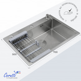 Кухонная мойка Ceruttispa ГЛОРИЯ (GLORIA) 7050 nano embos (матовый хром) из нержавеющей стали (700х500х220)