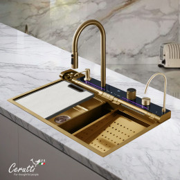 Многофункциональная кухонная мойка Ceruttispa ГЛОРИЯ (GLORIA) Pro nano gold (золото) из нержавеющей стали (750х460х230)