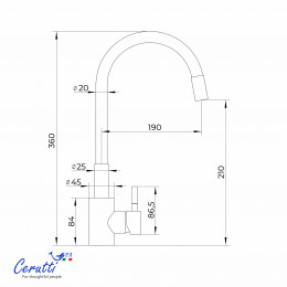 Cмеситель для кухни Ceruttispa АТЭНА H-W (ATENA H-W) из нержавеющей стали, цвет хром, излив белый