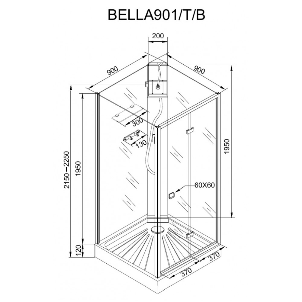 Кабина BELLA901B душевая без крыши Ceruttispa (90x90x215-225)