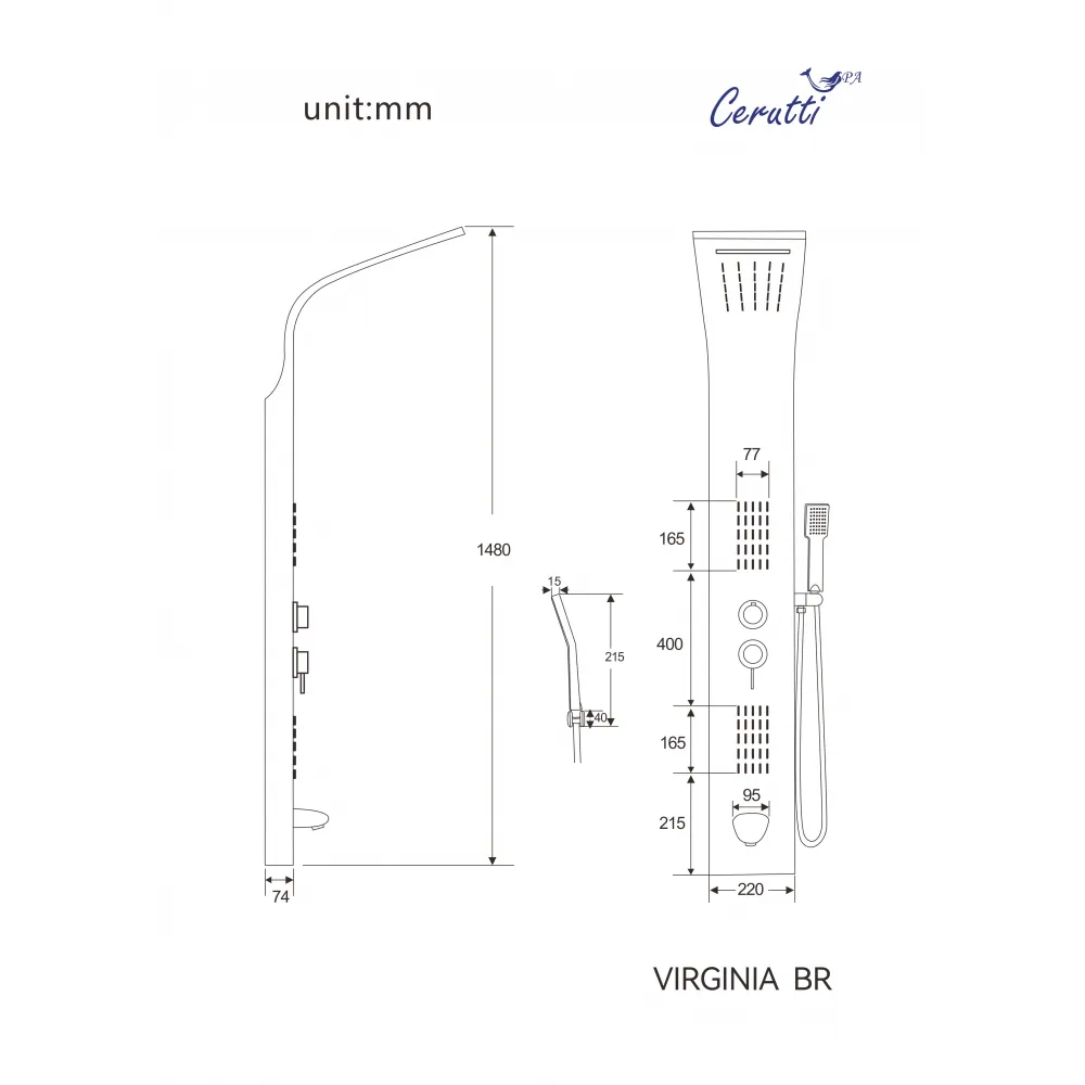 Панель VIRGINIA BR душевая из нержавеющей стали с форсунками Ceruttispa CT9983, цвет матовая нержавеющая сталь