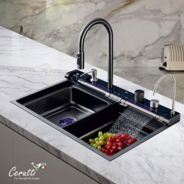 Многофункциональная кухонная мойка Ceruttispa ГЛОРИЯ (GLORIA) Pro nano black (графит) из нержавеющей стали (750х460х230)