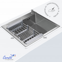 Кухонная мойка Ceruttispa ГЛОРИЯ (GLORIA) 5045 nano embos (матовый хром) из нержавеющей стали (500х450х220)