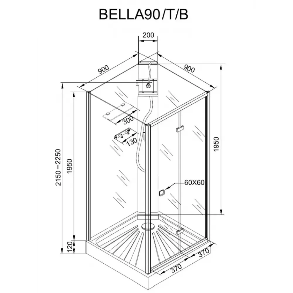 Кабина BELLA90B душевая без крыши Ceruttispa (90x90x215-225)