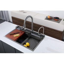 Мойка GLORIA II nano black (серая) кухонная, многофункциональная, из нержавеющей стали, (750х460х230) Ceruttispa