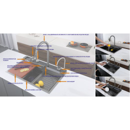 Мойка GLORIA II nano black (серая) кухонная, многофункциональная, из нержавеющей стали, (750х460х230) Ceruttispa