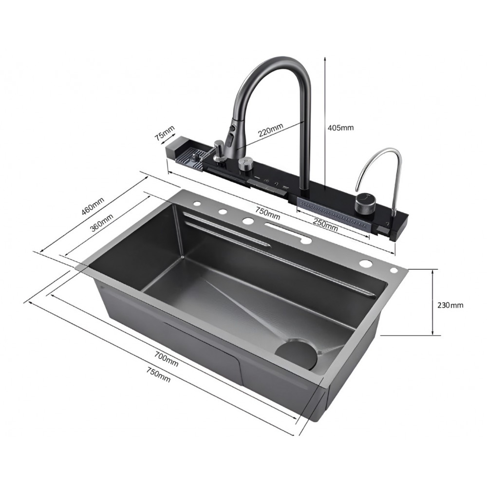 Мойка GLORIA II nano black (серая) кухонная, многофункциональная, из нержавеющей стали, (750х460х230) Ceruttispa