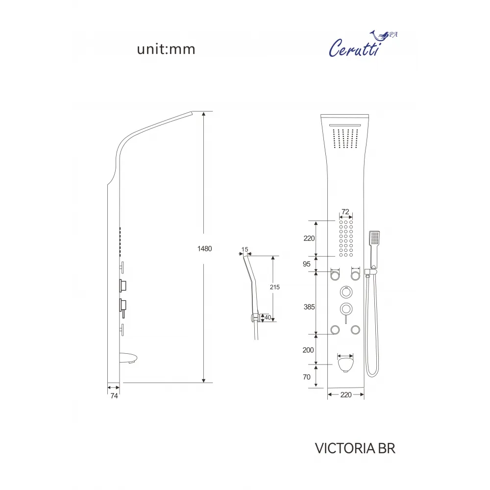 Панель VICTORIA BR   душевая из нержавеющей стали с форсунками Ceruttispa CT9980, цвет матовая нержавеющая сталь