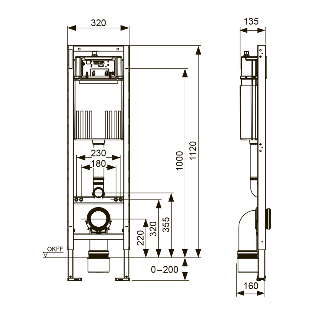 Узкая инсталляция TECE TECEbase для подвесного унитаза, с бачком, ширина 320 мм, высота 1120 мм, 9400440