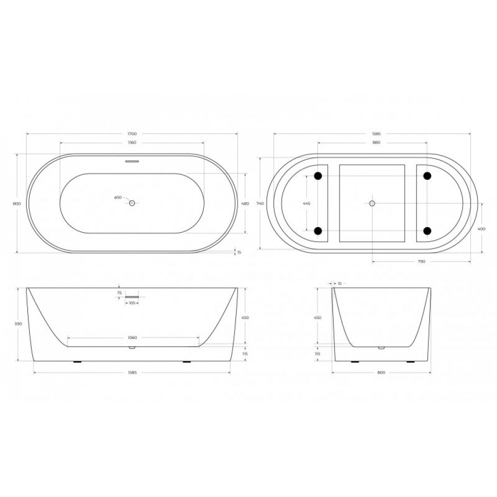 Ванна акриловая отдельностоящая BelBagno ВВ411-MATT