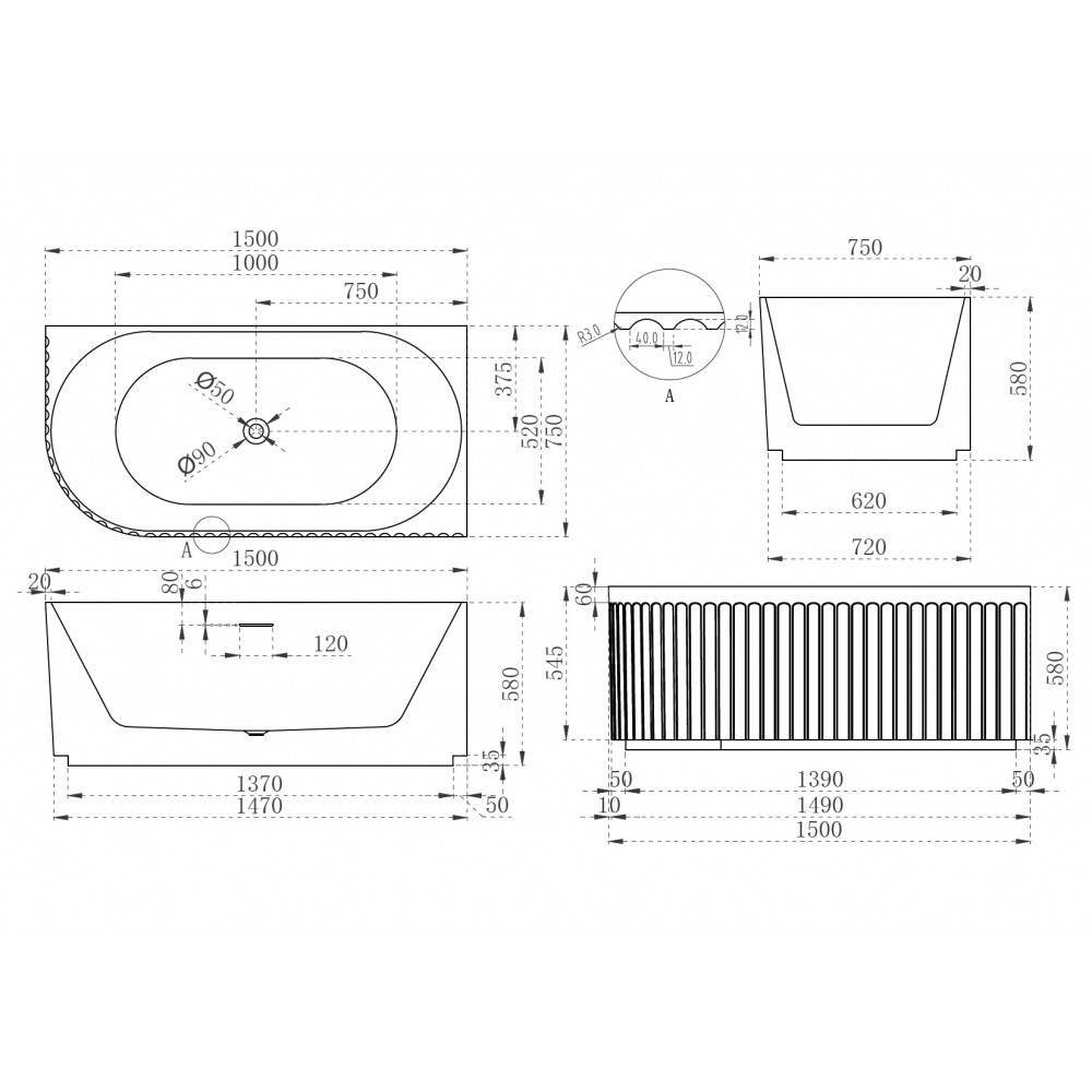 Акриловая ванна ABBER AB9412-1.5 R белая