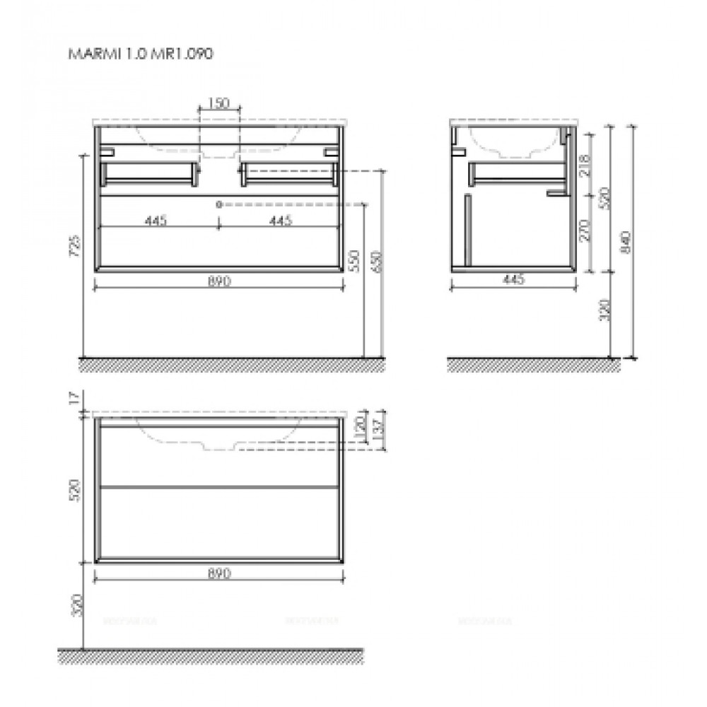 Тумба подвесная SANCOS Marmi 1.0 890х445х520 c одним ящиком оснащенным доводчиками скрытого монтажа и открытой нишей