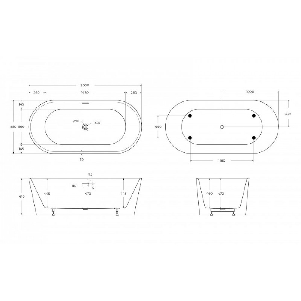 Ванна акриловая отдельностоящая BelBagno BB416-2000-850