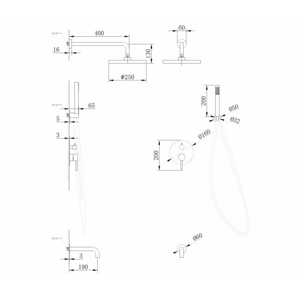 Душевая система ABBER Wasser Kreis AF8117NG скрытого монтажа с изливом, никель