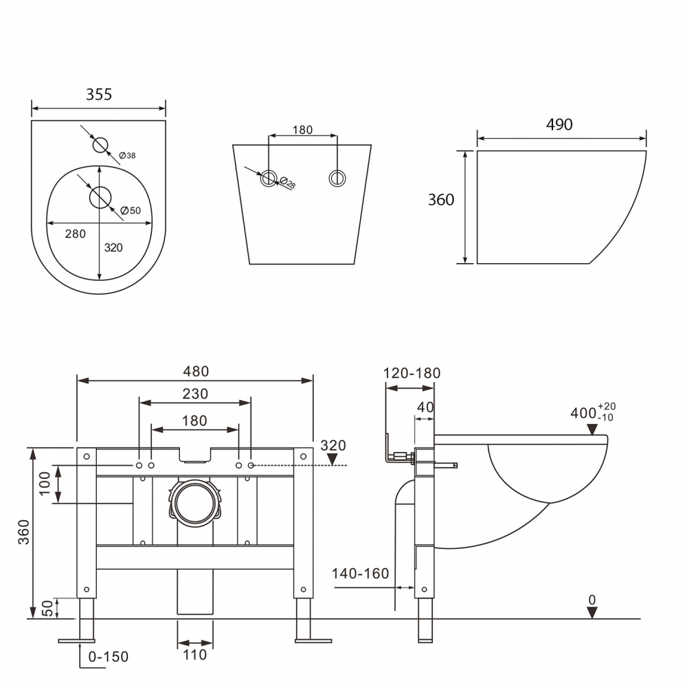 Комплект ABBER унитаз AC1100MB черный матовый с инсталляцией AC0105 и кнопкой AC0120MB, биде AC1150MB с инсталляцией AC0101P