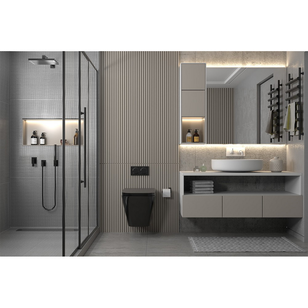 Комплект подвесной унитаз ABBER Rechteck AC1201MB черный матовый с инсталляцией AC0105 и кнопкой AC0121MMG золото матовое