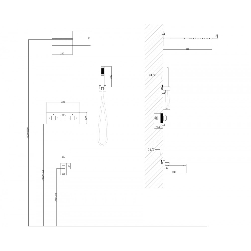 Душевая система ABBER Daheim AF8253 скрытого монтажа с изливом, термостат, хром