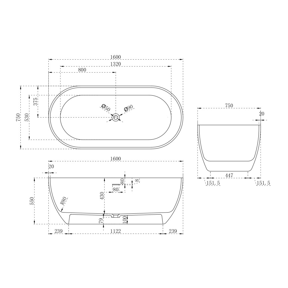 Ванна из искусственного камня ABBER Stein AS9613-1.6 белая матовая