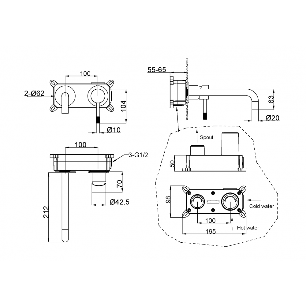 Смеситель для умывальника из стены, Uno. Shine Gun Metall