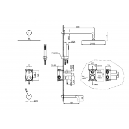 Смеситель встроенный + верхний+ ручной душ, Uno. White Gold
