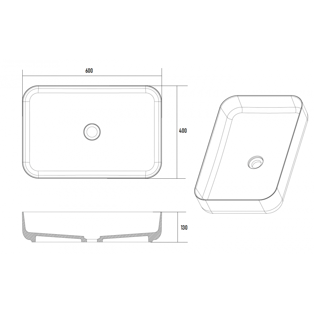 Раковина-чаша кориан прямоугольная матовая, Slim 600*400*130