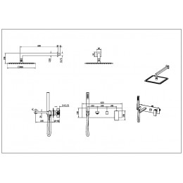 Смеситель встроенный + верхний+ ручной душ Qubic Matt Black