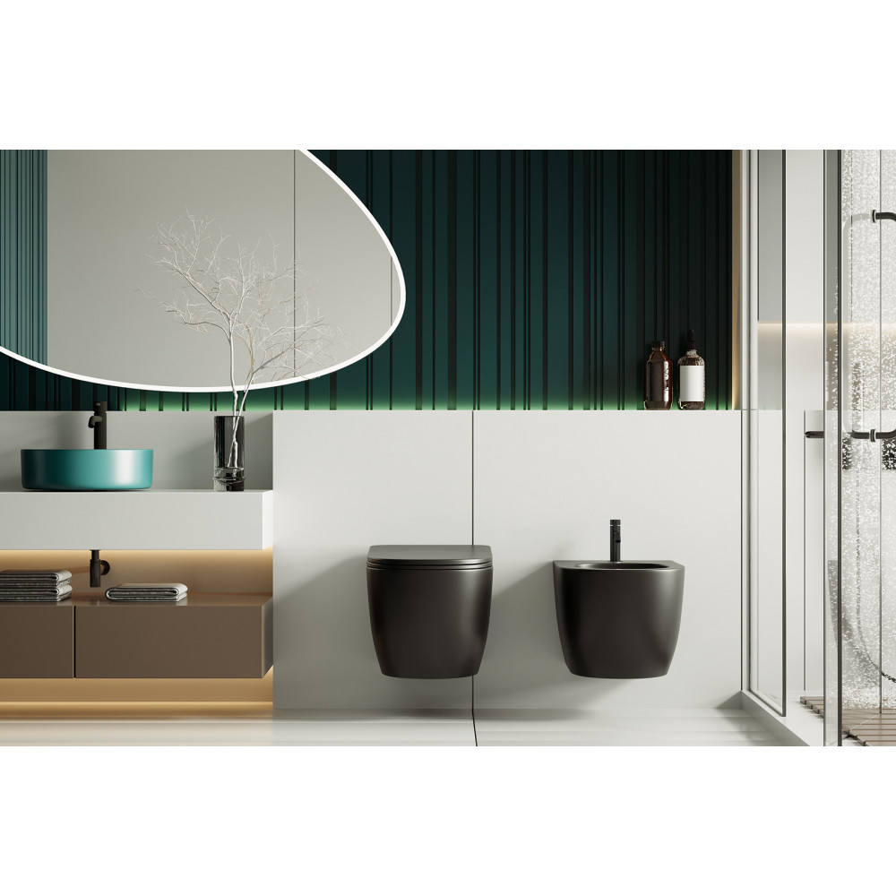 Комплект ABBER унитаз AC1100MB черный матовый с инсталляцией AC0105 и кнопкой AC0121MB, биде AC1150MB с инсталляцией AC0101P