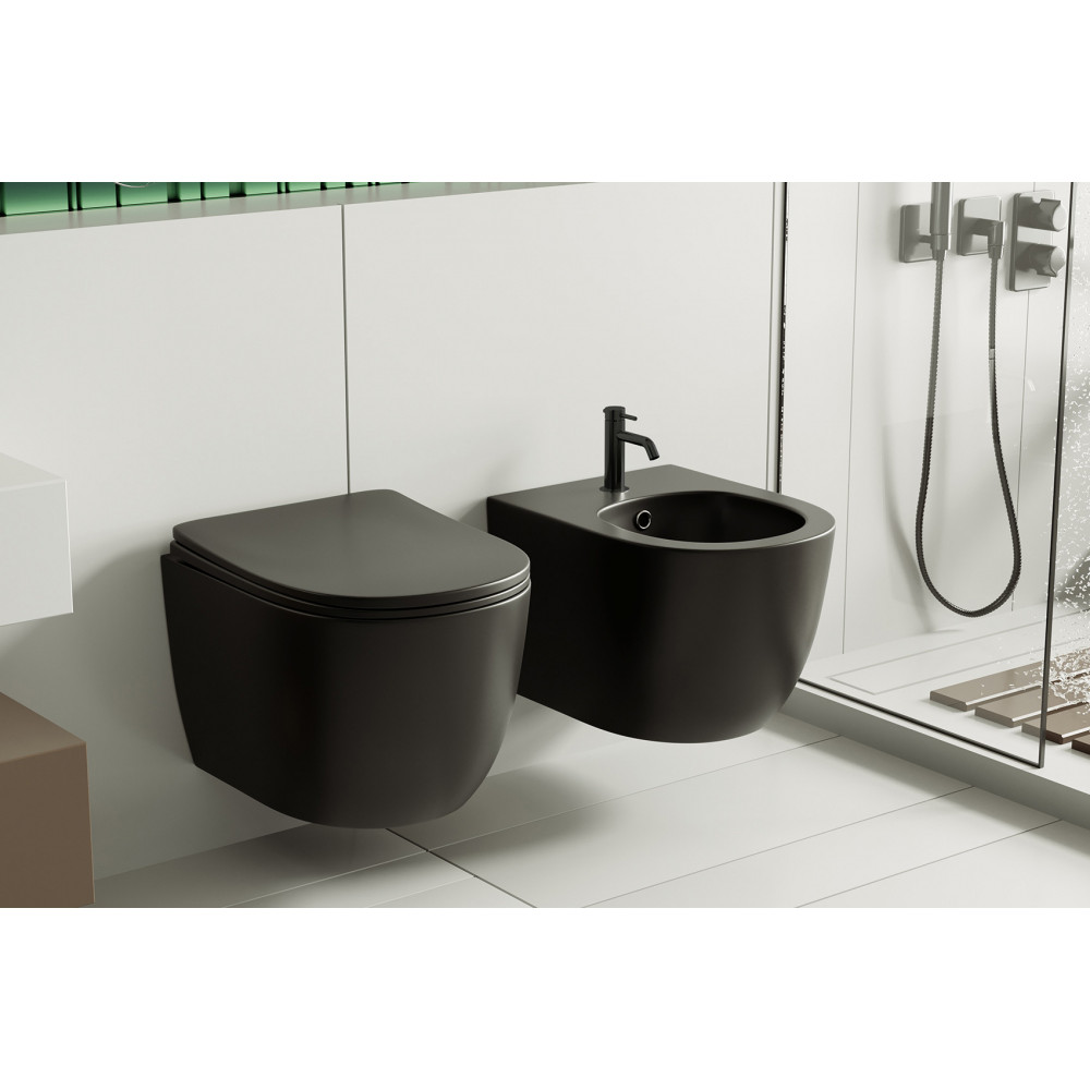 Комплект ABBER унитаз AC1100MB черный матовый с инсталляцией AC0105 и кнопкой AC0121MB, биде AC1150MB с инсталляцией AC0101P