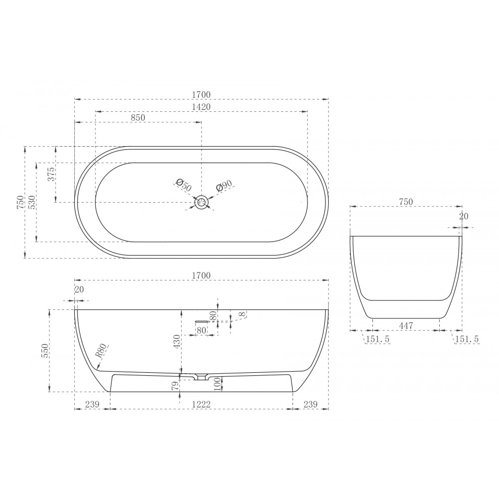 Ванна из искусственного камня ABBER Stein AS9613-1.7 белая матовая